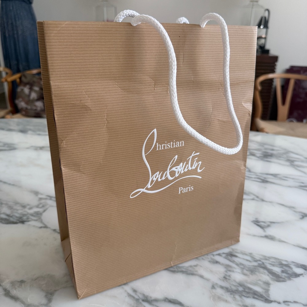 Christian Louboutin Paris Brown Paper Shopping Bag Small Red Interior White Logo